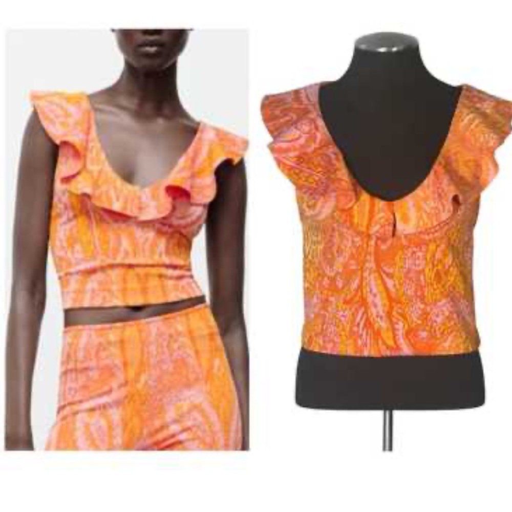New Zara crop ruffle sleeveless top orange pink size medium
